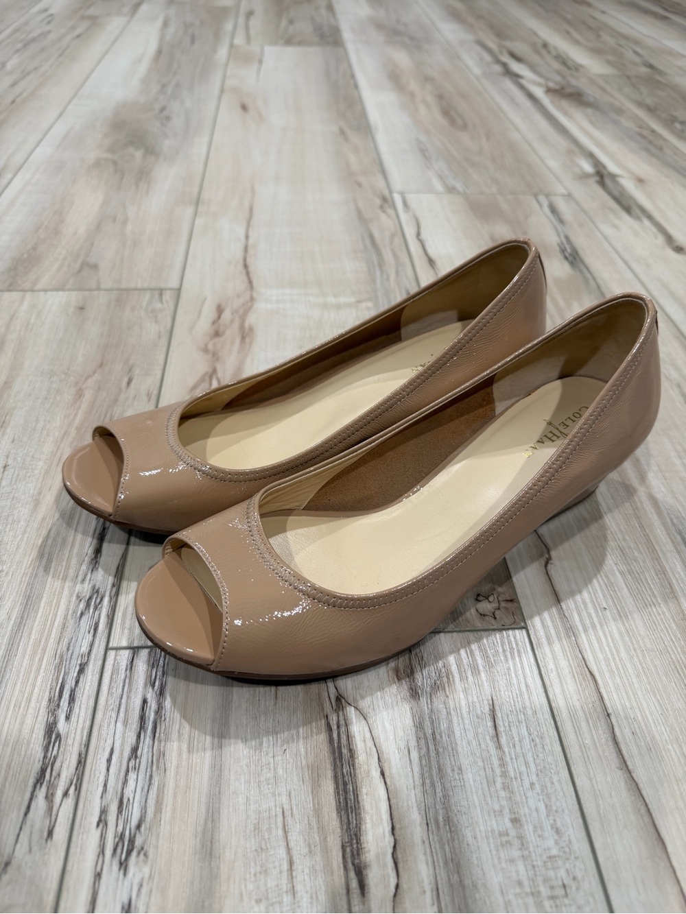 Cole Haan Patent Peep-Toe Wedges in Nude Blush